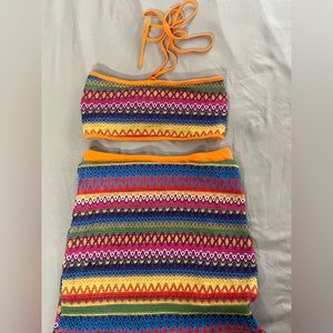 Geo print contrast binding Tie backless crop halter top & skirt